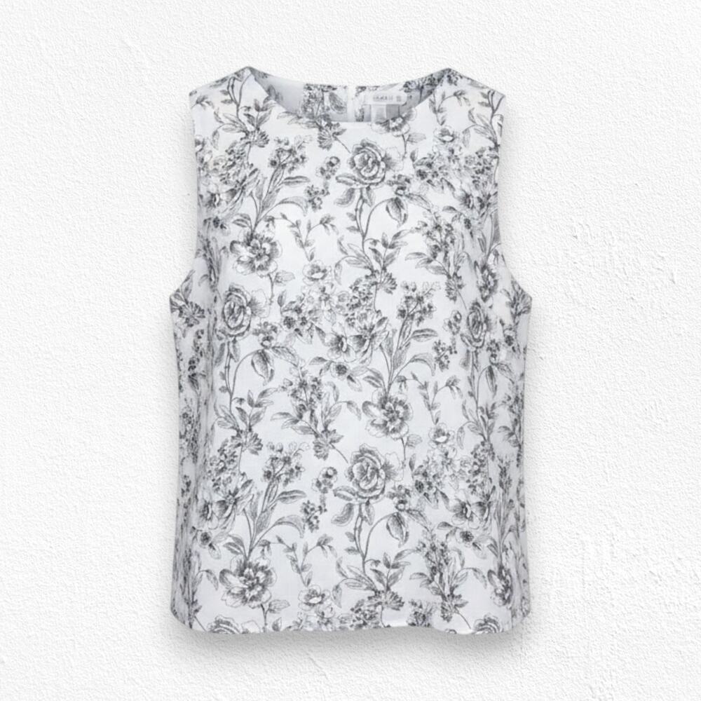 Joie Black White Floral 100% Linen Sleeveless Boxy Blouse Size Small NWT